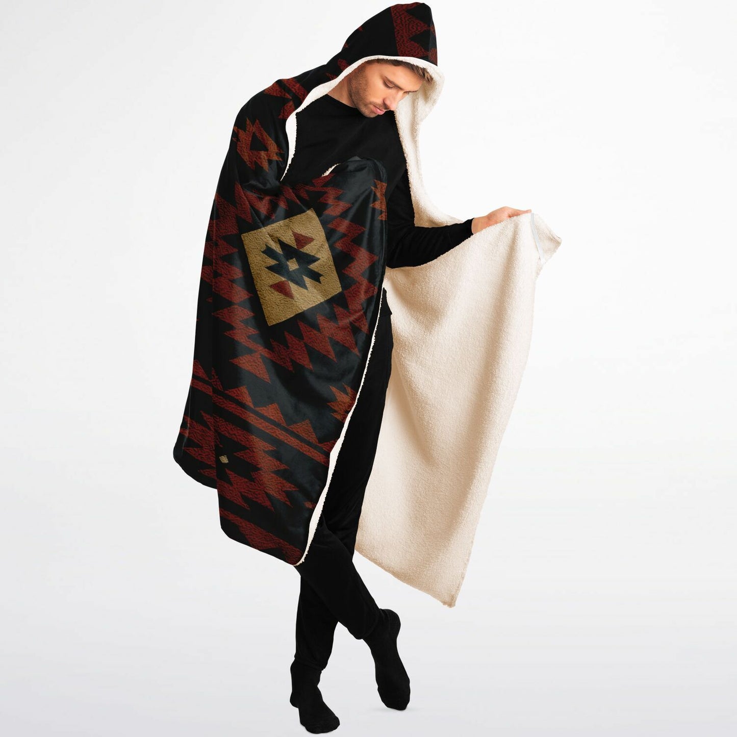 Tribal Spirit Hooded Blanket 60x80 – premium sherpa-lined hooded blanket with an authentic tribal-inspired geometric design, ideal for outdoor adventures, relaxing at home, and year-round warmth