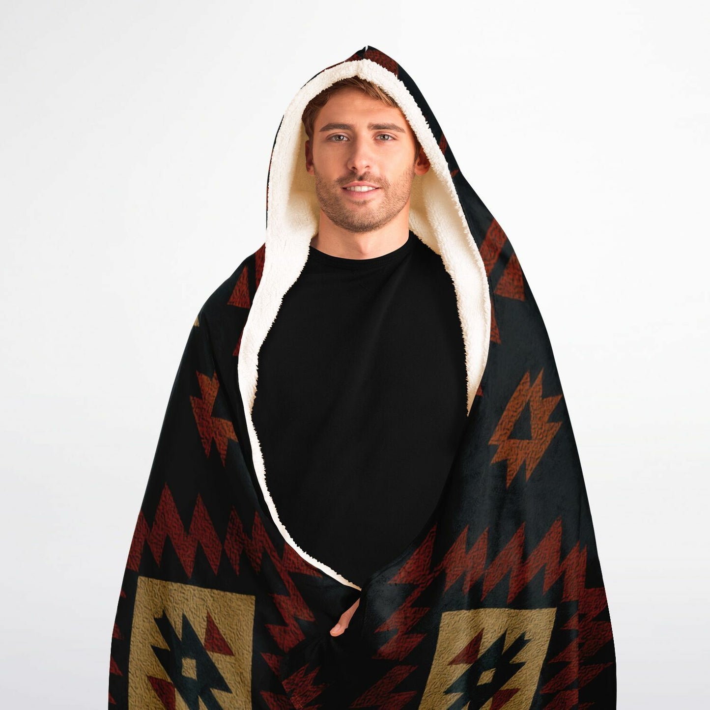 Tribal Spirit Hooded Blanket 60x80 – premium sherpa-lined hooded blanket with an authentic tribal-inspired geometric design, ideal for outdoor adventures, relaxing at home, and year-round