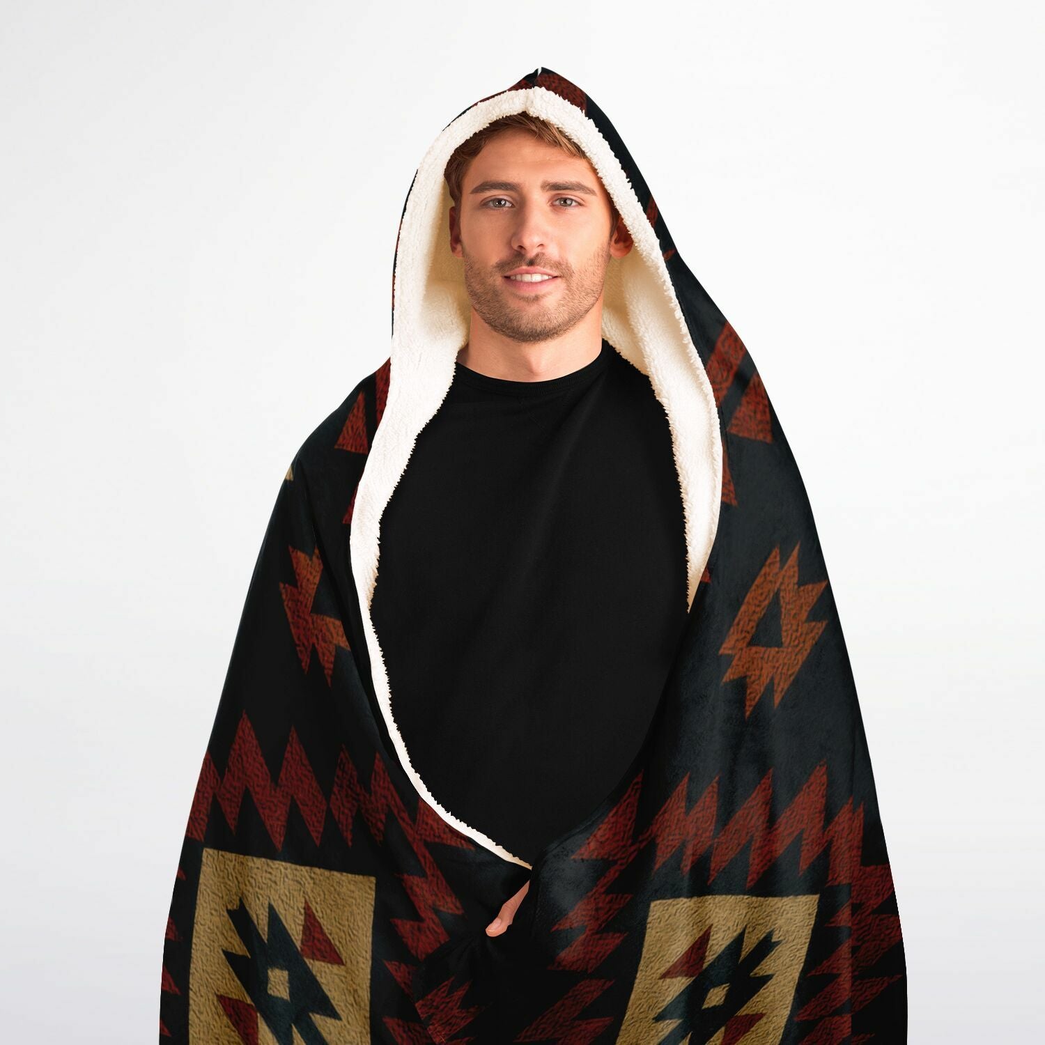 Tribal Spirit Hooded Blanket 60x80 – premium sherpa-lined hooded blanket with an authentic tribal-inspired geometric design, ideal for outdoor adventures, relaxing at home, and year-round