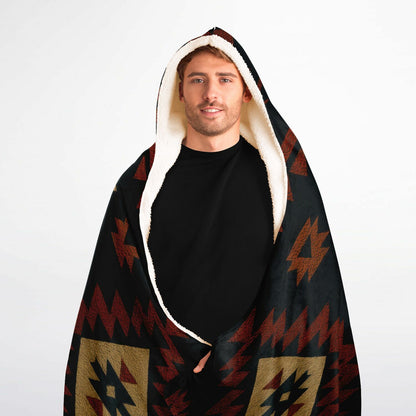 Tribal Spirit Hooded Blanket 60x80 – premium sherpa-lined hooded blanket with an authentic tribal-inspired geometric design, ideal for outdoor adventures, relaxing at home, and year-round