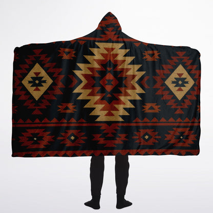 Tribal Spirit Hooded Blanket 60x80 – premium sherpa-lined hooded blanket with an authentic tribal-inspired geometric design, ideal for outdoor adventures, relaxing at home