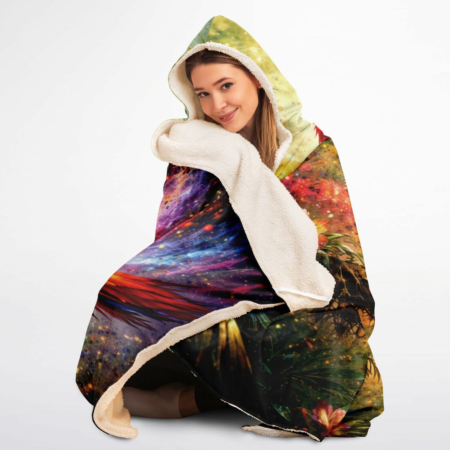 Tropical Fire Macaw Hooded Blanket 45x60 – vibrant scarlet macaw jungle artwork with cozy sherpa 
