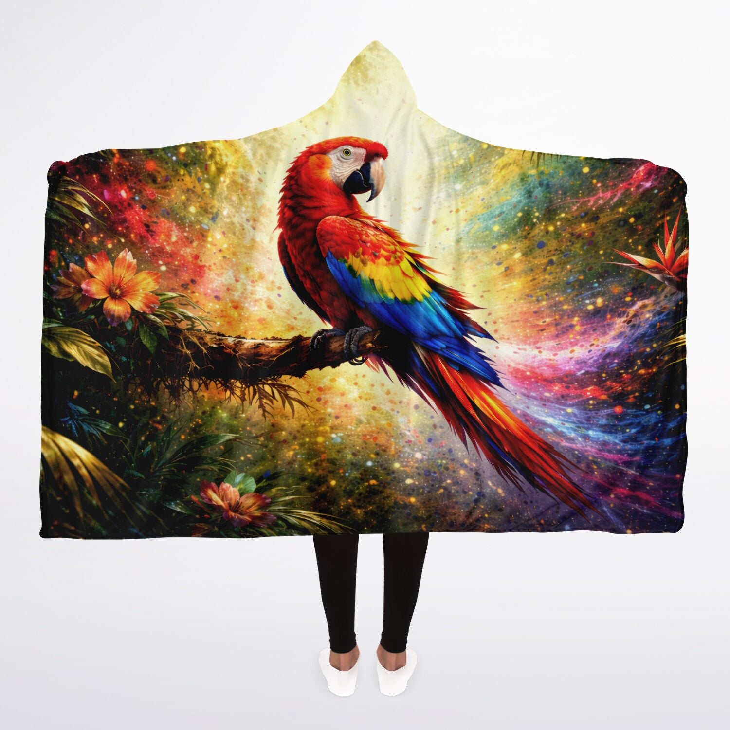 Tropical Fire Macaw Hooded Blanket 45x60 – vibrant scarlet macaw jungle artwork with cozy sherpa warmth
