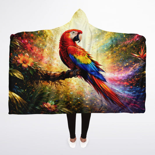 Tropical Fire Macaw Hooded Blanket 45x60 – vibrant scarlet macaw jungle artwork with cozy sherpa warmth
