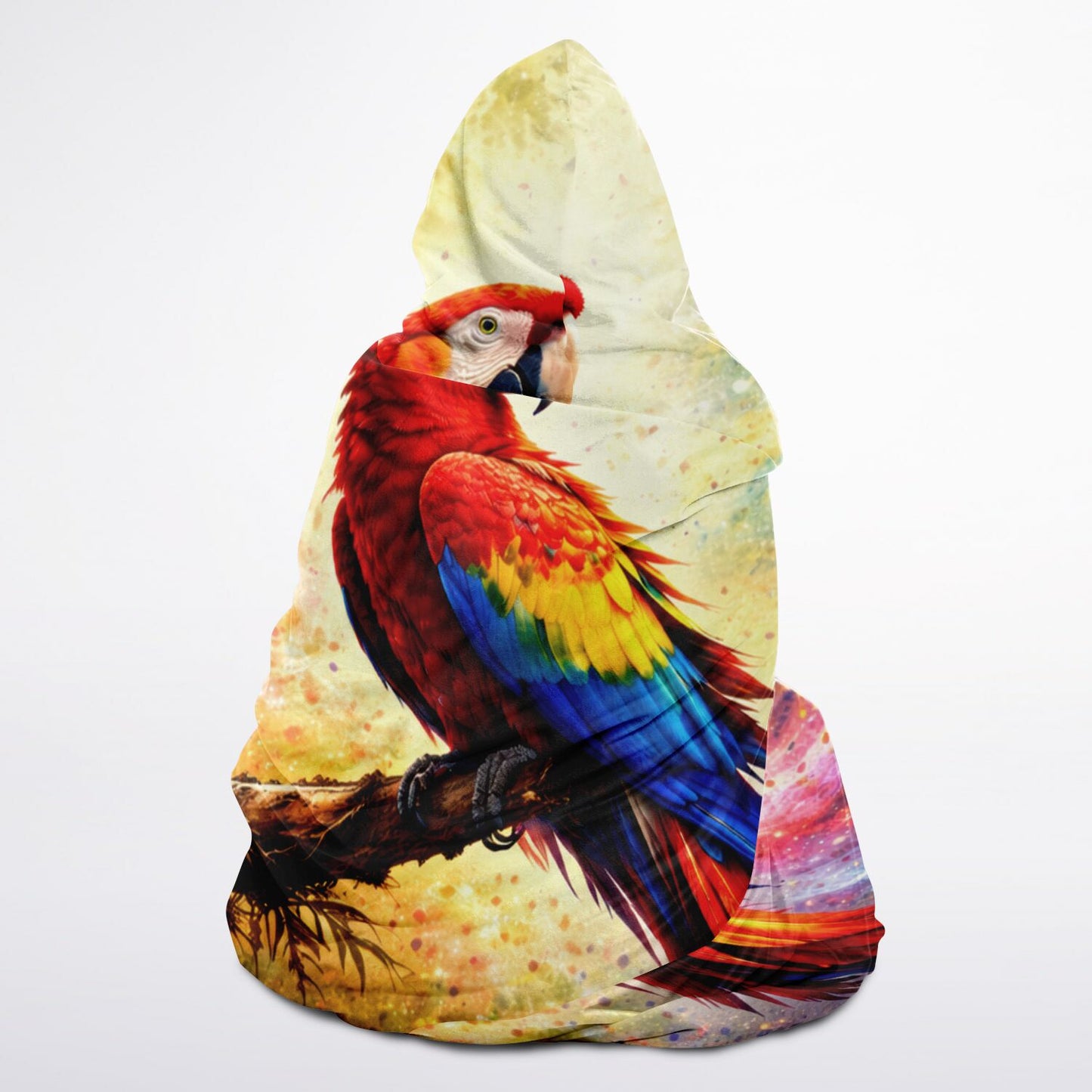 Tropical Fire Macaw Hooded Blanket 45x60 – vibrant scarlet macaw jungle artwork with cozy
