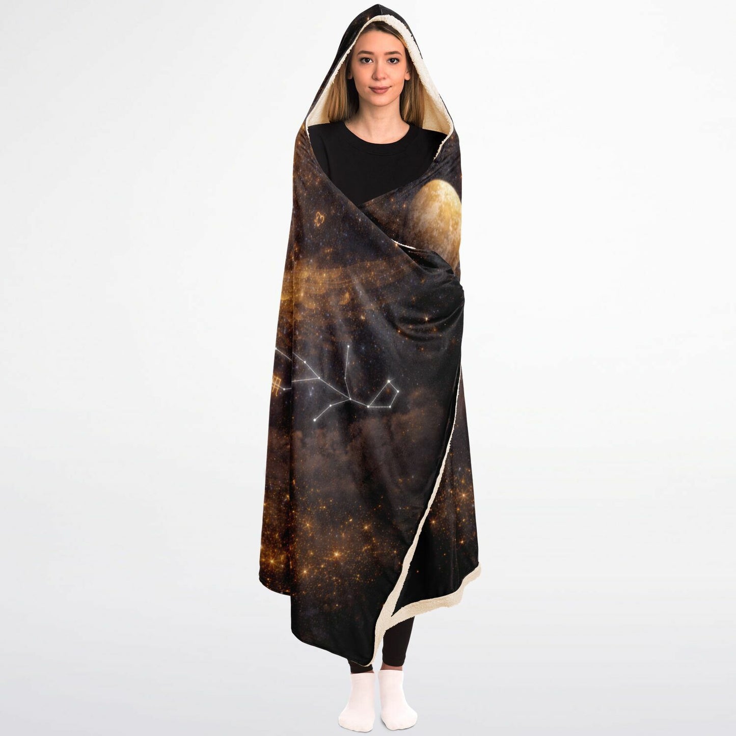 Virgo Astral Halo Empress Hooded Blanket 45x60 – radiant golden celestial goddess wrapped in soft 