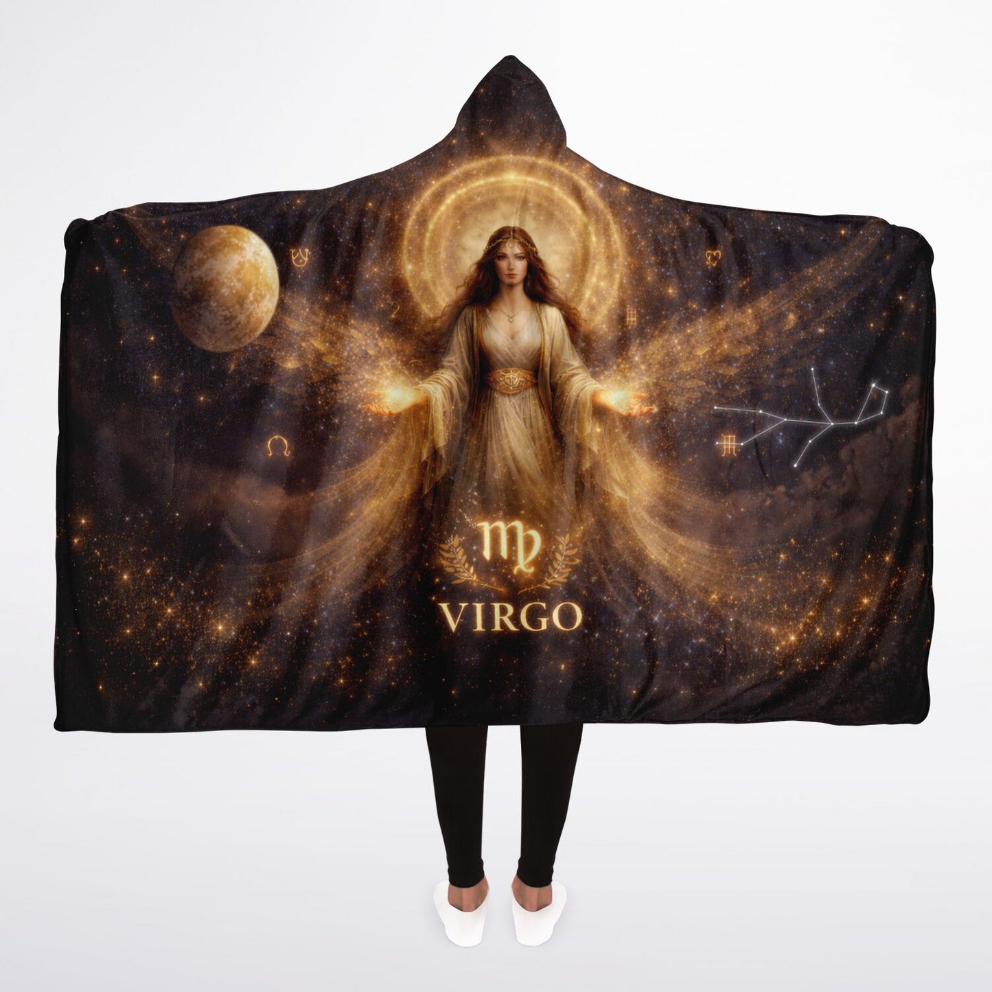 Virgo Astral Halo Empress Hooded Blanket 45x60 – radiant golden celestial goddess wrapped in soft fleece comfort