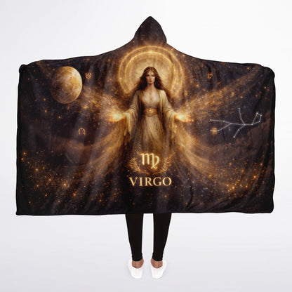 Virgo Astral Halo Empress Hooded Blanket 45x60 – radiant golden celestial goddess wrapped in soft fleece comfort