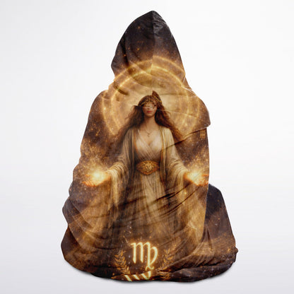 Virgo Astral Halo Empress Hooded Blanket 45x60 – radiant golden celestial goddess 