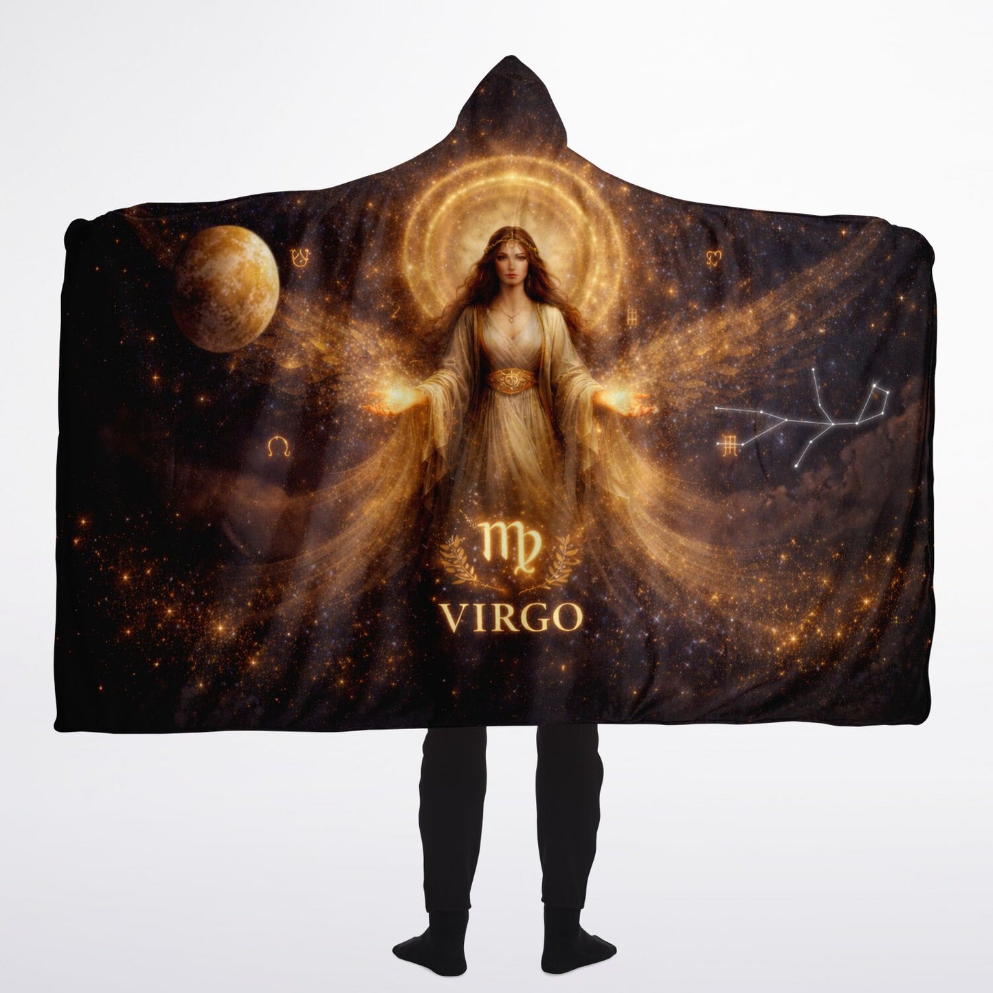Virgo Astral Halo Empress Hooded Blanket 60x80 – luminous cosmic halo and sherpa warmth for dreamy celestial nights