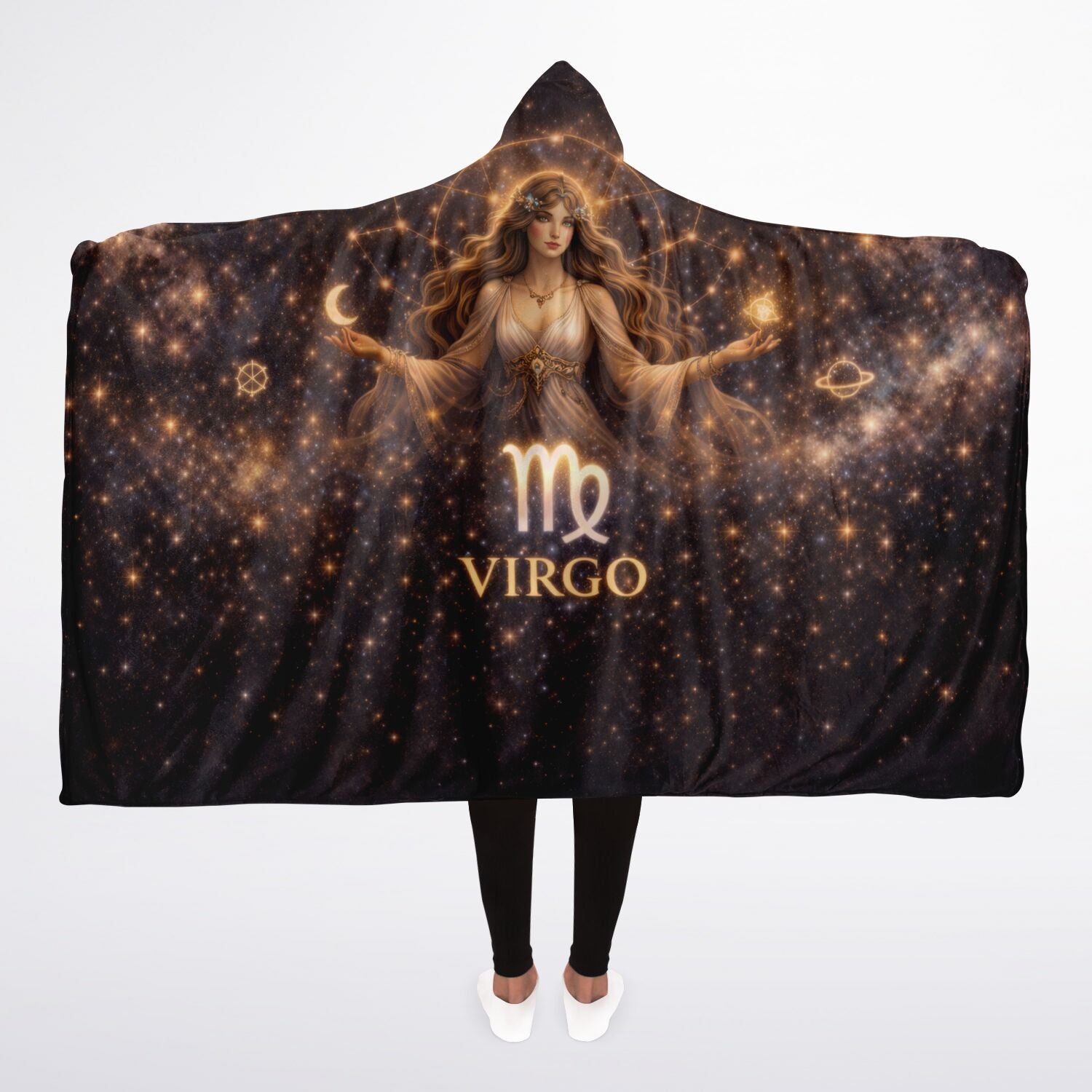 Virgo Divine Maiden of Light Hooded Blanket 45x60 – ultra-soft fleece with radiant celestial goddess