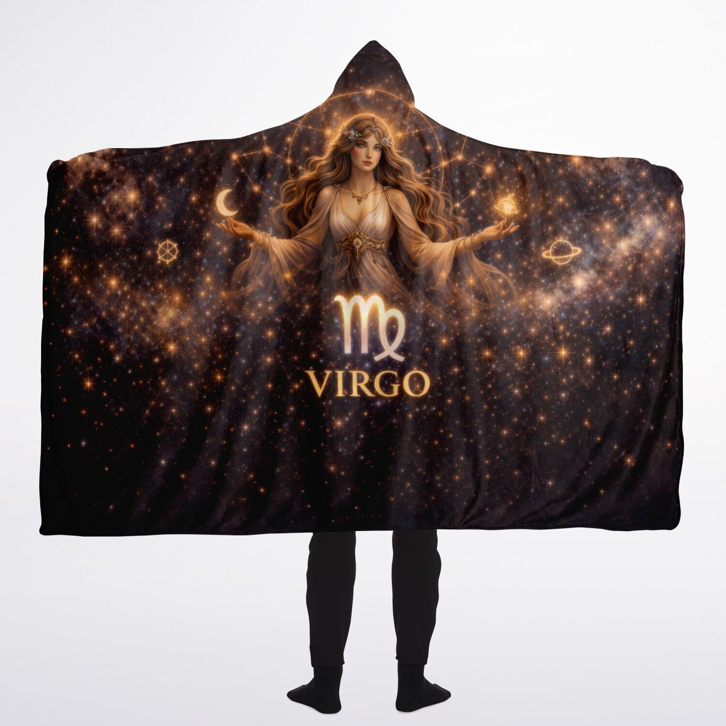 Virgo Divine Maiden of Light Hooded Blanket 60x80 – plush sherpa warmth with luminous zodiac maiden 