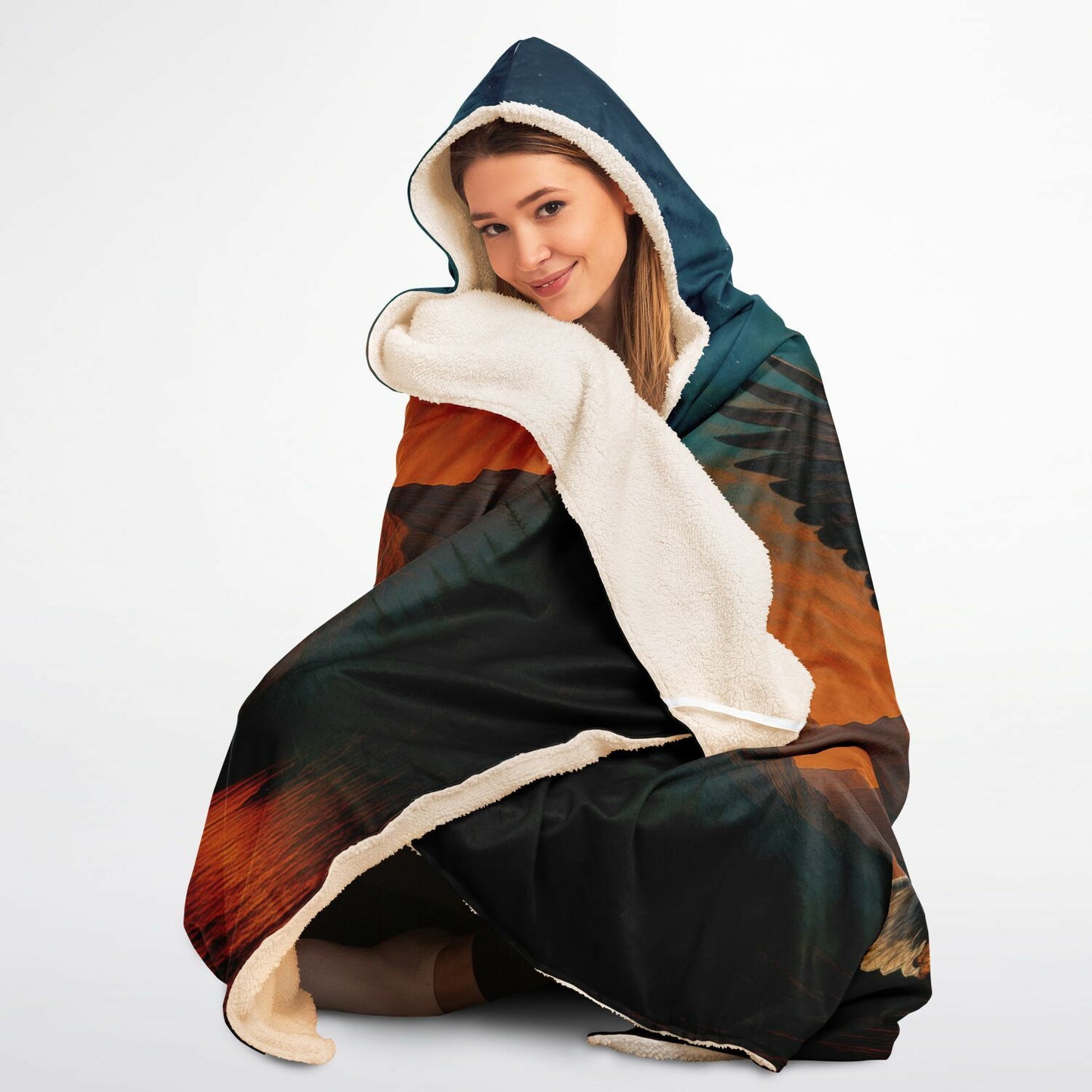 Wings of Freedom Hooded Blanket 45x60 – ultra-soft fleece hooded blanket featuring a majestic bald eagle soaring over mountain peaks and a peaceful sunset landscape, perfect for camping, cabins