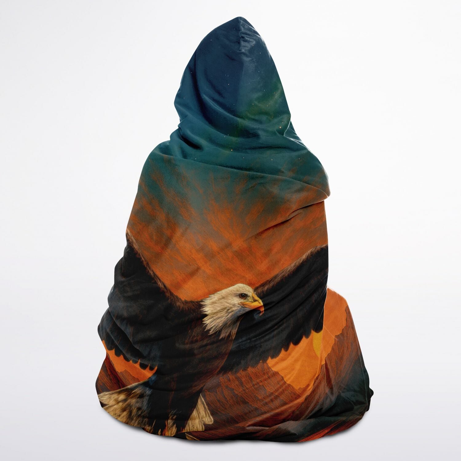 Wings of Freedom Hooded Blanket 45x60 – ultra-soft fleece hooded blanket featuring a majestic bald eagle soaring over mountain peaks and a peaceful sunset landscape, perfect for camping
