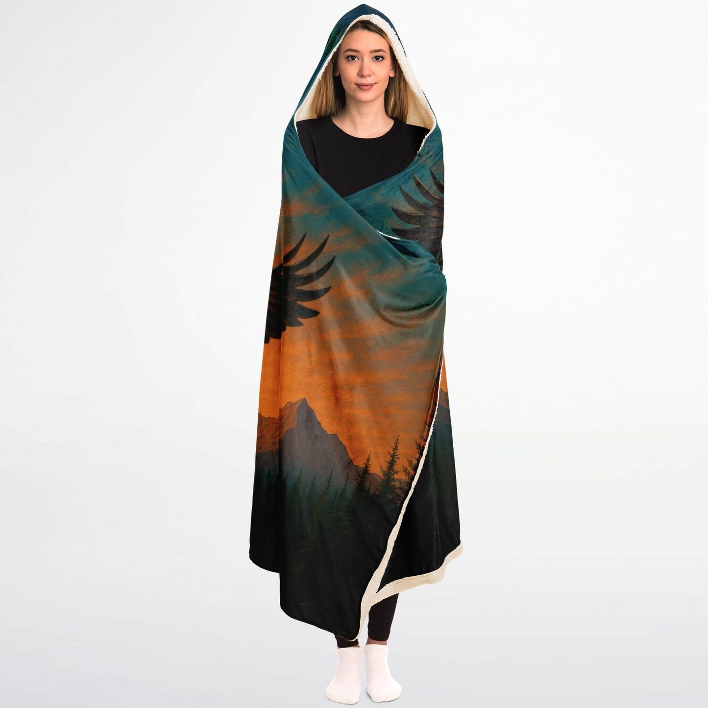 Wings of Freedom Hooded Blanket 45x60 – ultra-soft fleece hooded blanket featuring a majestic bald eagle soaring over mountain peaks and a peaceful sunset landscape, perfect

