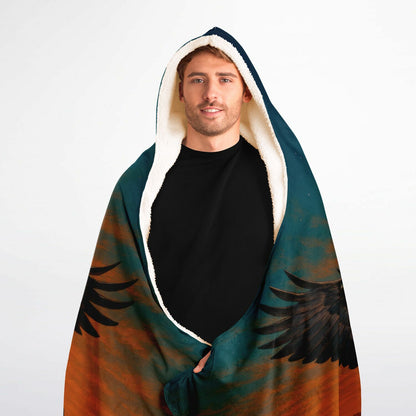 Wings of Freedom Hooded Blanket 60x80 – premium sherpa-lined hooded blanket showcasing a soaring bald eagle above tranquil mountains and a glowing sunset, ideal for outdoor adventures, nature lovers