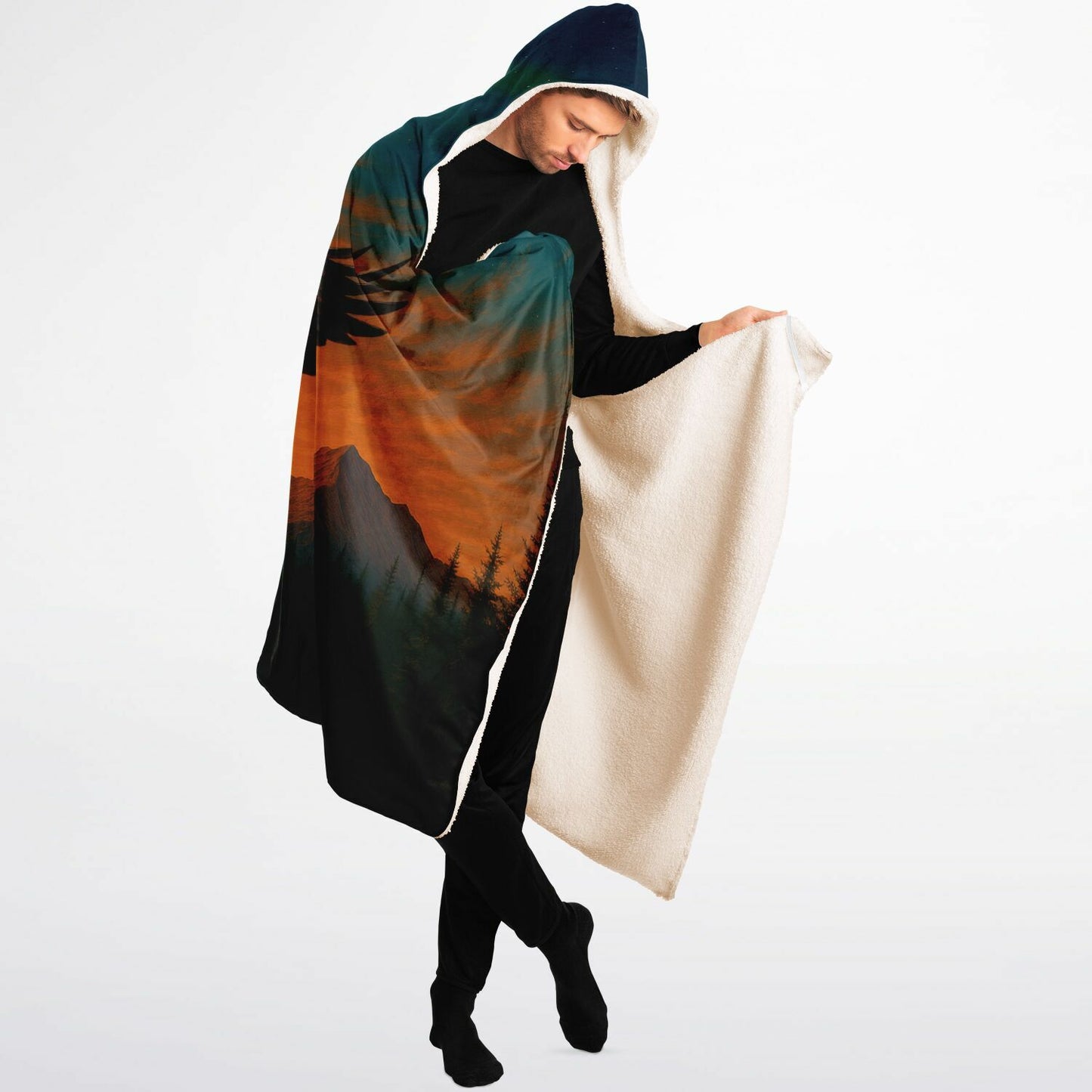 Wings of Freedom Hooded Blanket 60x80 – premium sherpa-lined hooded blanket showcasing a soaring bald eagle above tranquil mountains and a glowing sunset, ideal for outdoor adventures, nature 
