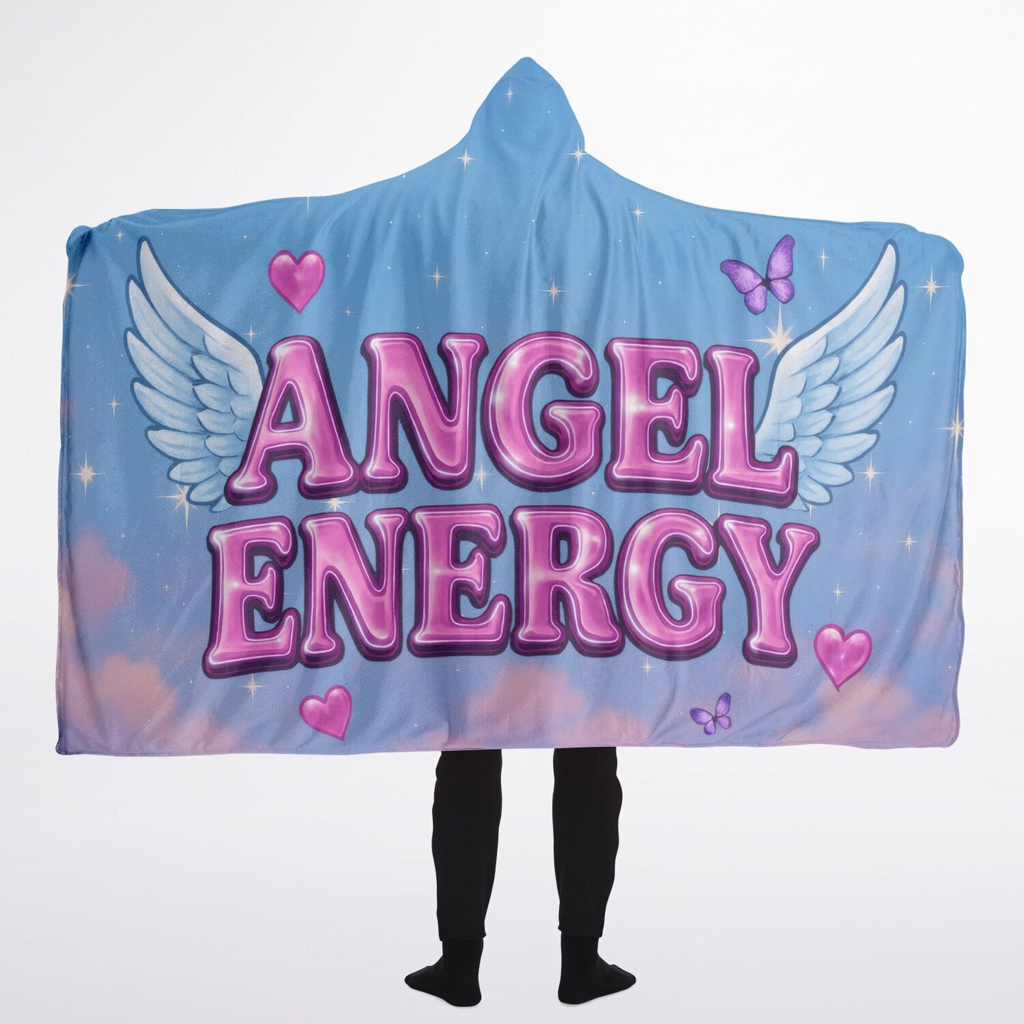Angel Energy hooded blanket 60x80, blue, wings and hearts