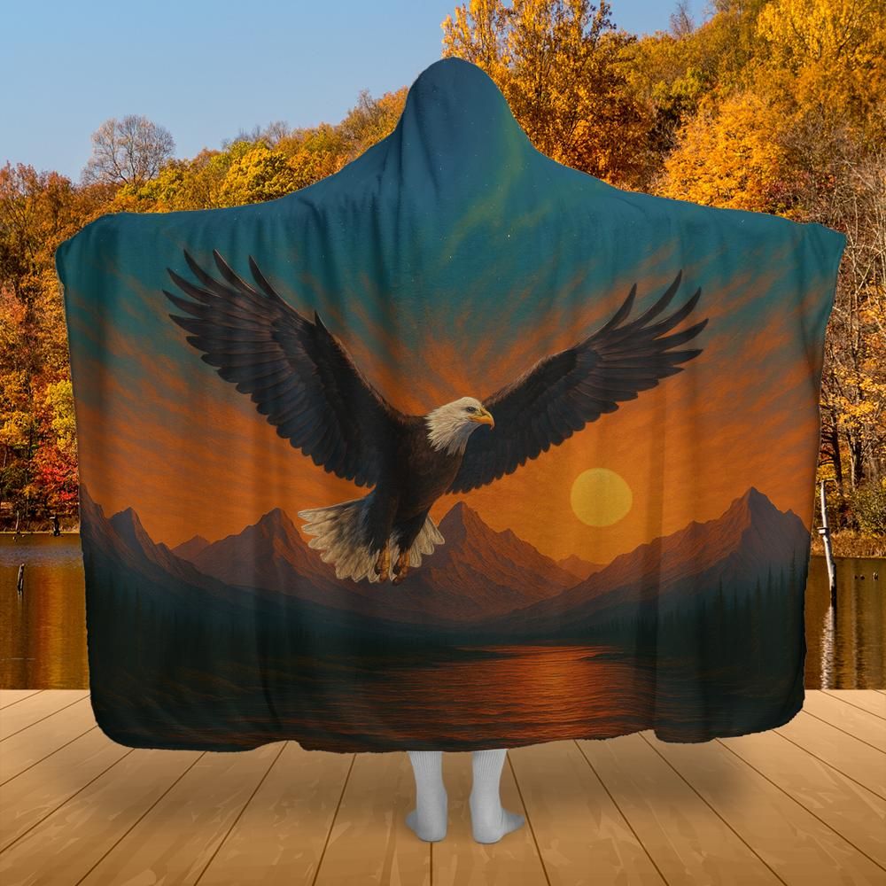 Wings of Freedom Hooded Blanket – listing-only preview featuring a breathtaking bald eagle, mountain scenery, and warm sunset colors in a premium hooded blanket design