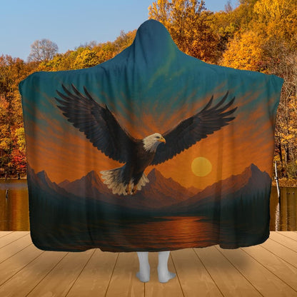 Wings of Freedom Hooded Blanket – listing-only preview featuring a breathtaking bald eagle, mountain scenery, and warm sunset colors in a premium hooded blanket design
