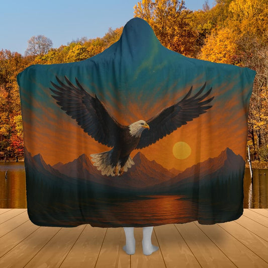 Wings of Freedom Hooded Blanket – listing-only preview featuring a breathtaking bald eagle, mountain scenery, and warm sunset colors in a premium hooded blanket design