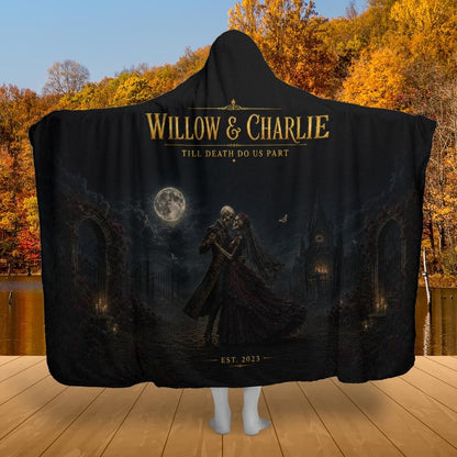 Gothic Skeleton Couple Halloween Hooded Blanket – listing-only product preview with customizable couple names and established year