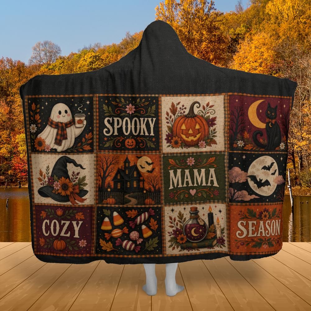 Cozy Spooky Mama Halloween Hooded Blanket – listing-only product preview featuring a colorful vintage patchwork design.