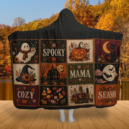Cozy Spooky Mama Halloween Hooded Blanket – listing-only product preview featuring a colorful vintage patchwork design.