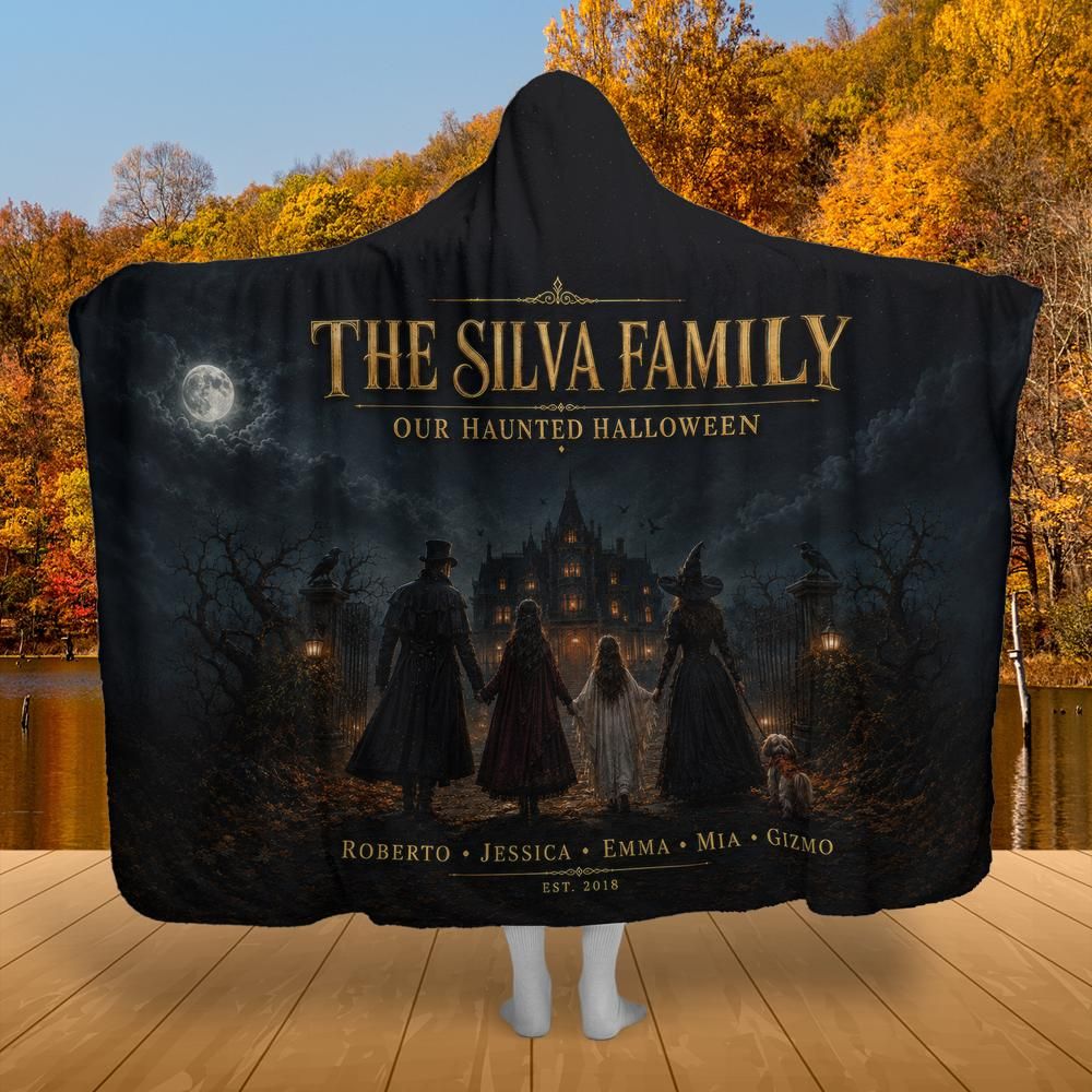 Haunted Family Halloween Hooded Blanket – listing-only product preview with customizable family name, member names and established year.