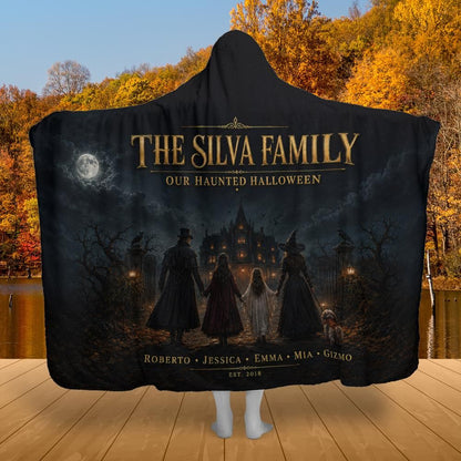 Haunted Family Halloween Hooded Blanket – listing-only product preview with customizable family name, member names and established year.