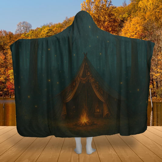 Forest Hideaway Hooded Blanket – listing-only preview featuring a peaceful forest campfire scene surrounded by towering trees and a cozy illuminated tent